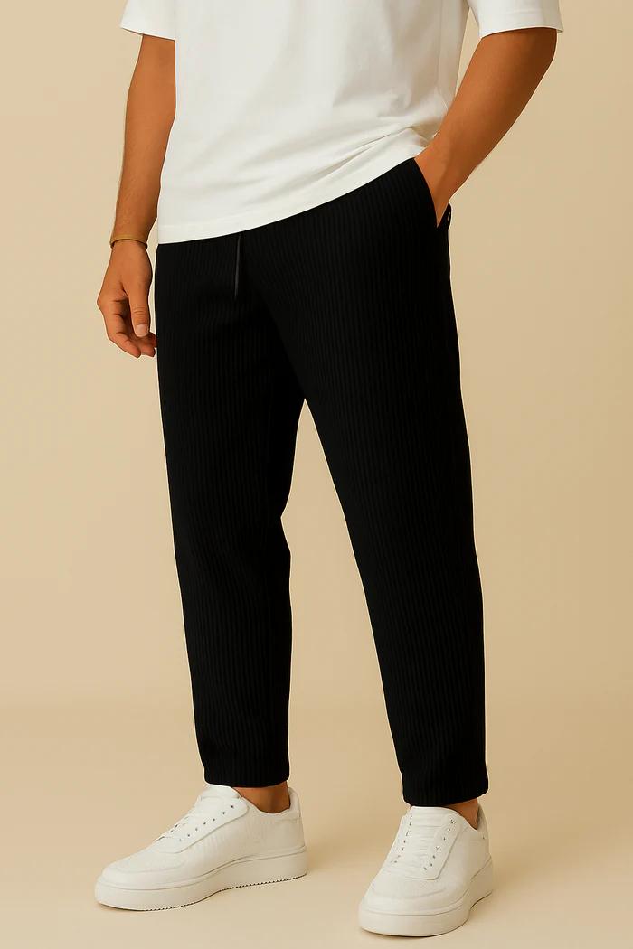 Men's Pinstripe Relaxed Fit Trousers with Drawstring Waist – Casual Tapered Pants