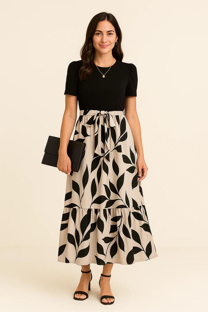 Women’s A-Line Tiered Midi Dress with Contrast Tie Waist