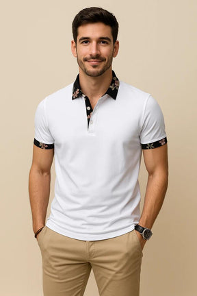 Men’s Slim Fit Polo Shirt – Short Sleeve with Floral Collar and Cuff Detail