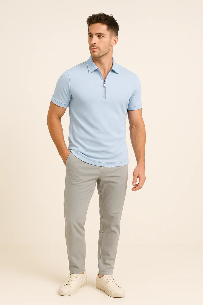 Men’s Slim Fit Short Sleeve Polo Shirt with Zip Collar – Smart Casual Top