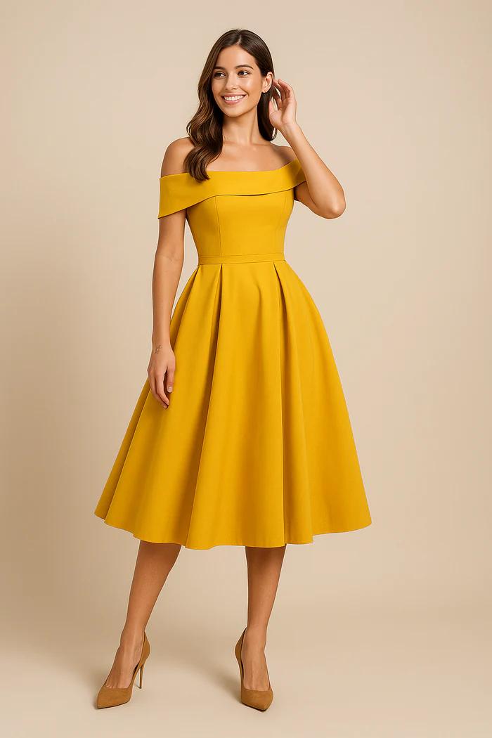 Women's Off-Shoulder Swing Midi Dress – Elegant Party & Evening Wear