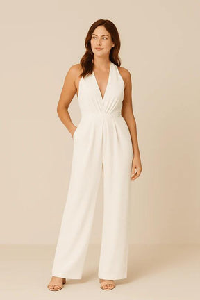 Women's Plunging Halter Neck Wide-Leg Jumpsuit – Sleeveless One-Piece Outfit