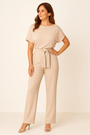Women's Short-Sleeve Tie-Waist Jumpsuit – Straight-Leg, Boat Neck, Full-Length
