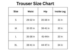 Trouser size chart with waist, hip, and inside leg measurements for sizes S, M, L, and XL.